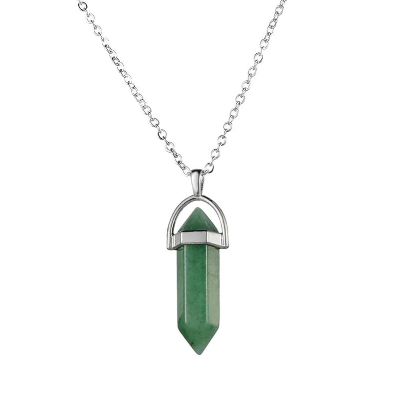 Crystal necklace with six corner column pendant in alloy and natural stone with iron chain