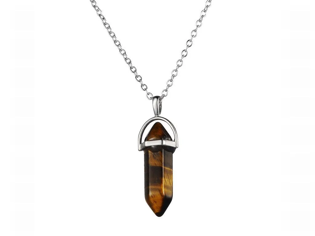 Crystal necklace with six corner column pendant in alloy and natural stone with iron chain