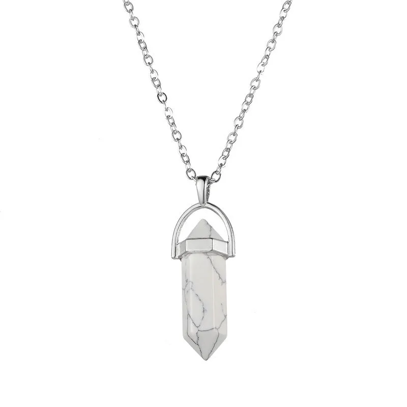 Crystal necklace with six corner column pendant in alloy and natural stone with iron chain