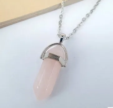 Crystal necklace with six corner column pendant in alloy and natural stone with iron chain