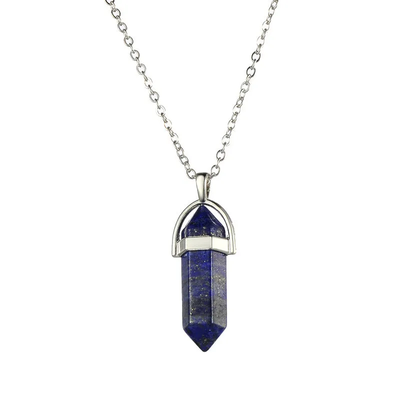 Crystal necklace with six corner column pendant in alloy and natural stone with iron chain