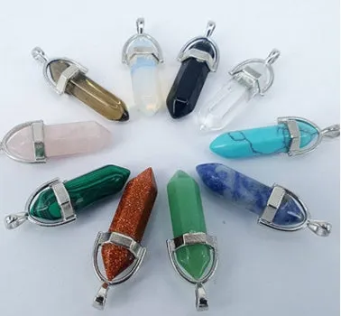Crystal necklace with six corner column pendant in alloy and natural stone with iron chain