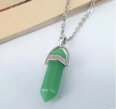 Crystal necklace with six corner column pendant in alloy and natural stone with iron chain