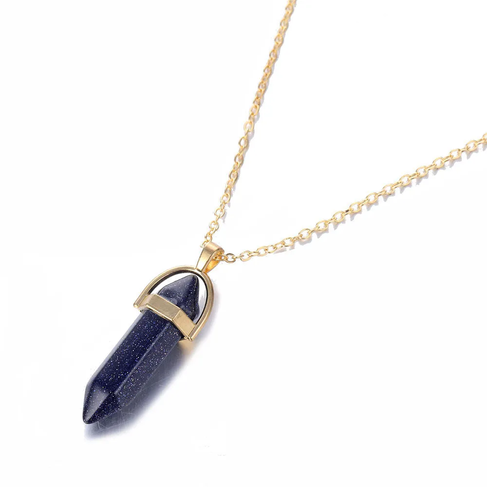 Crystal necklace with six corner column pendant in alloy and natural stone with iron chain