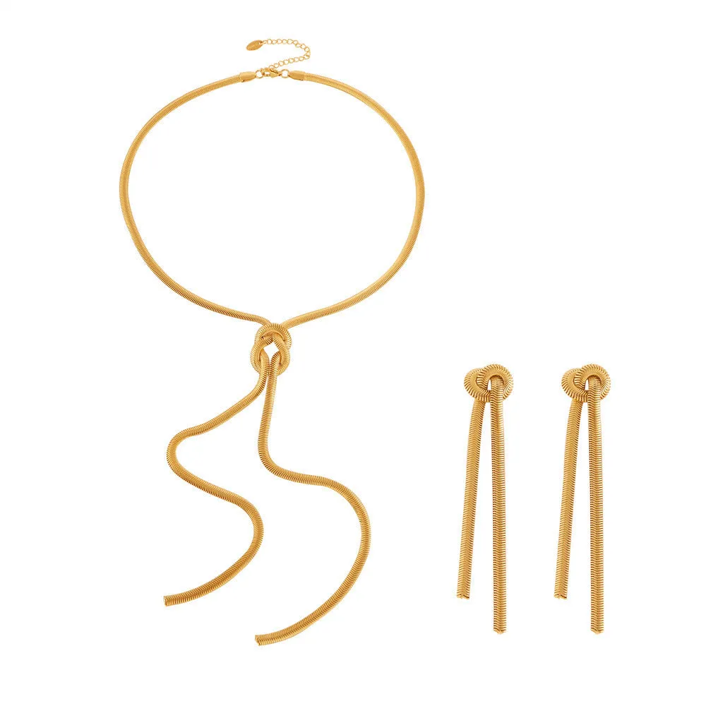 Gold knotted tassel snake chain long necklace with matching titanium steel electroplated earrings