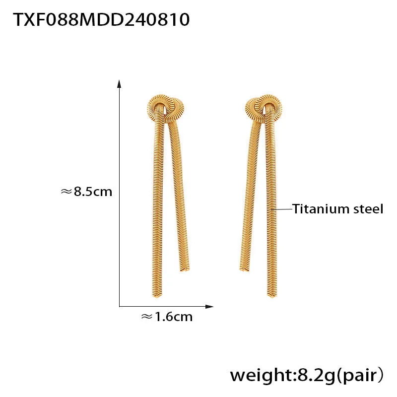 Gold knotted tassel snake chain long necklace with matching titanium steel electroplated earrings