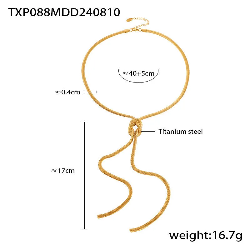 Gold knotted tassel snake chain long necklace with matching titanium steel electroplated earrings