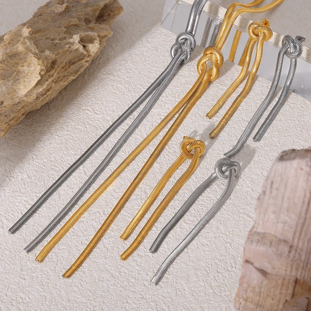 Gold knotted tassel snake chain long necklace with matching titanium steel electroplated earrings