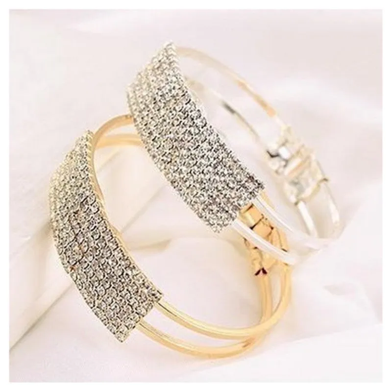 Multi-row rhinestone bracelet on alloy frame, gold colour, Korean style, clean rhinestone inlays
