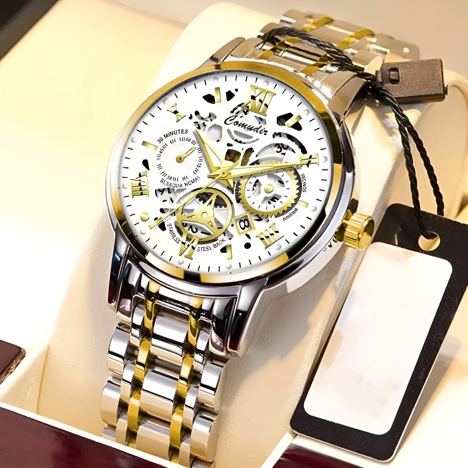 Fashion jewellery hollow men's watch with silver steel case, black dial, luminous hands, and calendar date display