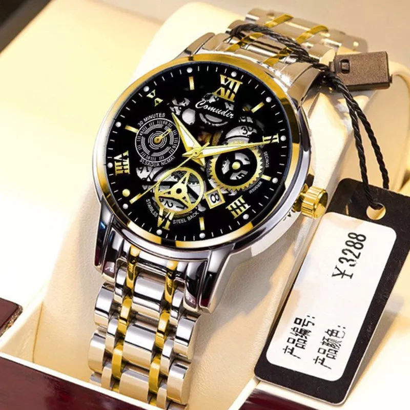 Fashion jewellery hollow men's watch with silver steel case, black dial, luminous hands, and calendar date display
