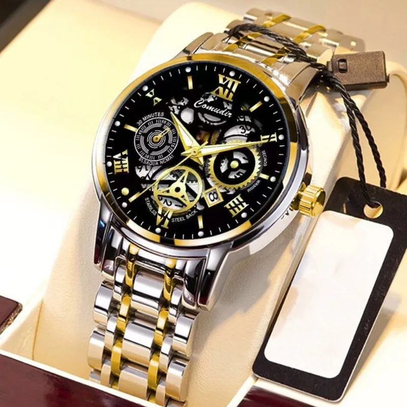 Fashion jewellery hollow men's watch with silver steel case, black dial, luminous hands, and calendar date display