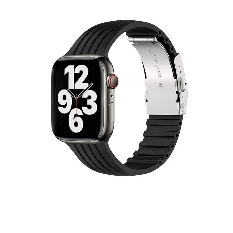 Silicone stripe iWatch strap in black, compatible with 38/40/41mm or 42/44/45mm models