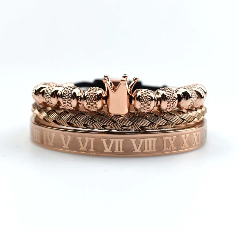 Men's adjustable copper zircon bracelet with Roman royal crown charm, four colour finish options