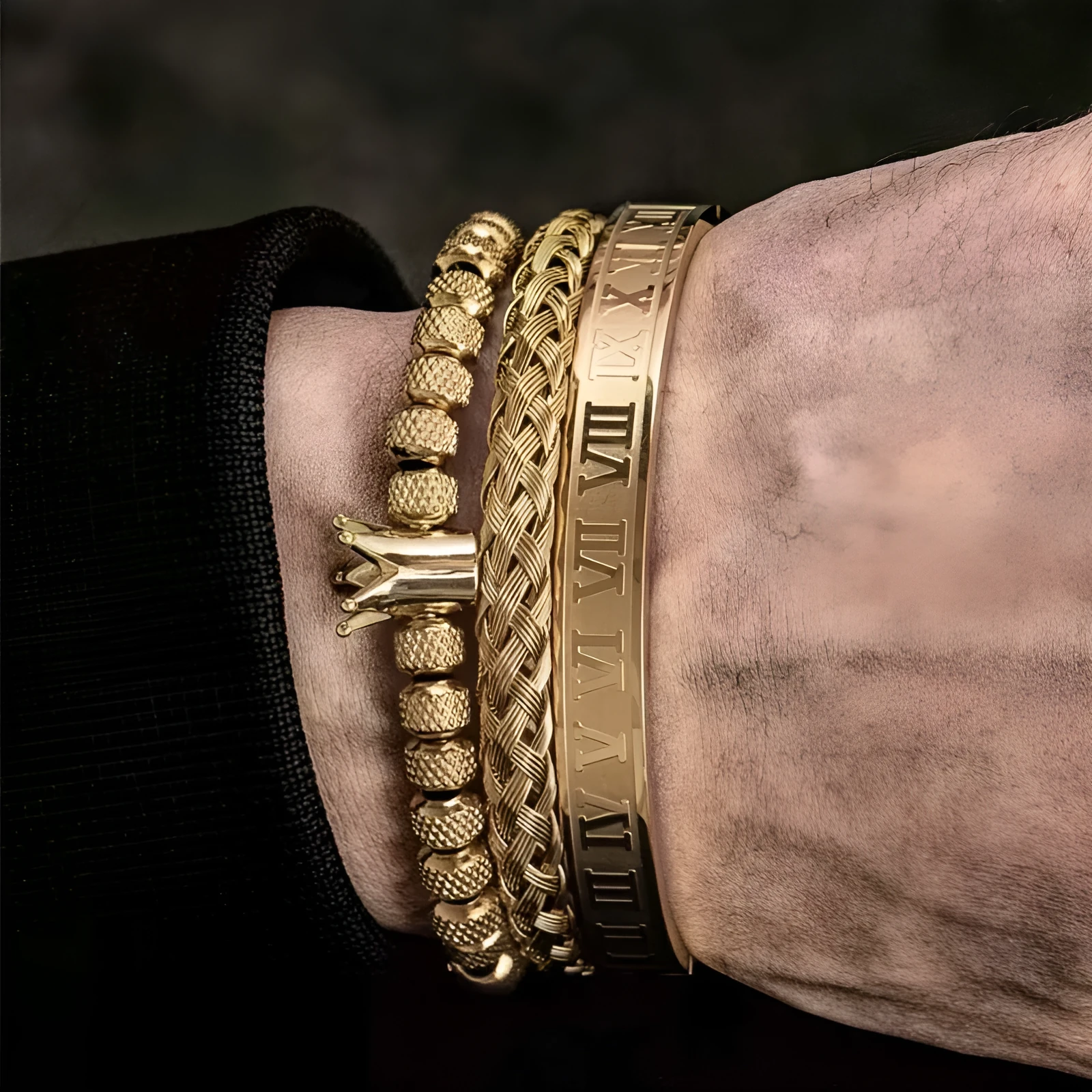 Men's adjustable copper zircon bracelet with Roman royal crown charm, four colour finish options