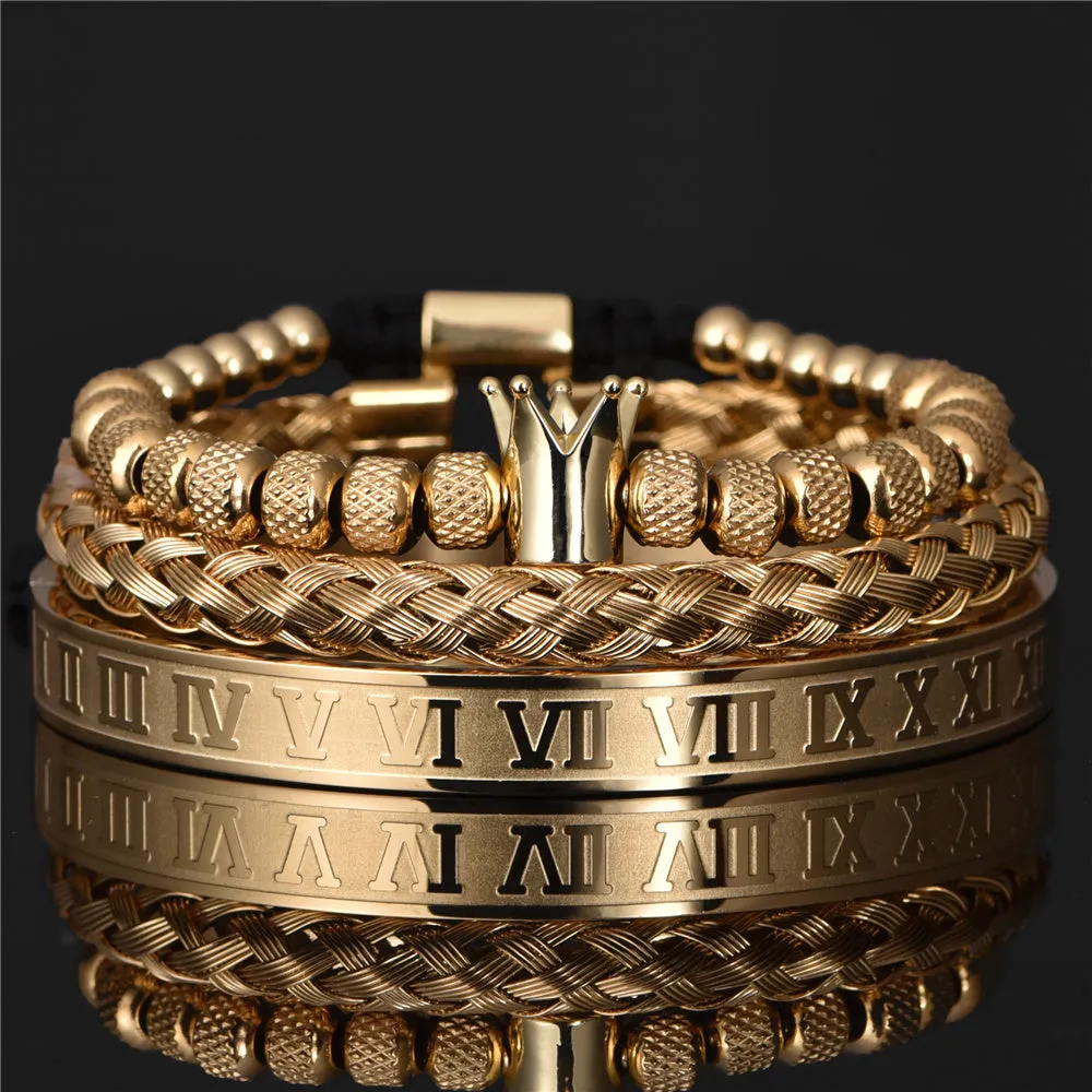 Men's adjustable copper zircon bracelet with Roman royal crown charm, four colour finish options