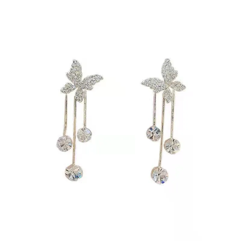Silver butterfly rhinestone drop dangle earrings with pearl tassel chain and heart elements on alloy