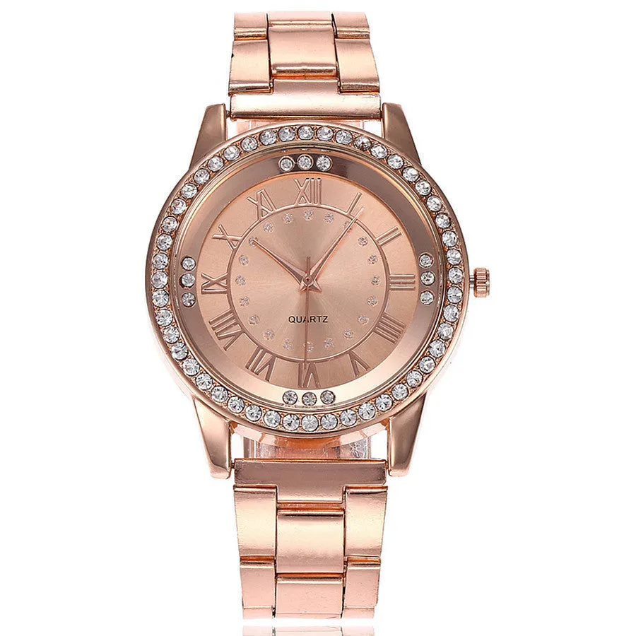 Vansvar women's rose gold quartz wristwatch with round stainless steel case and glass dial