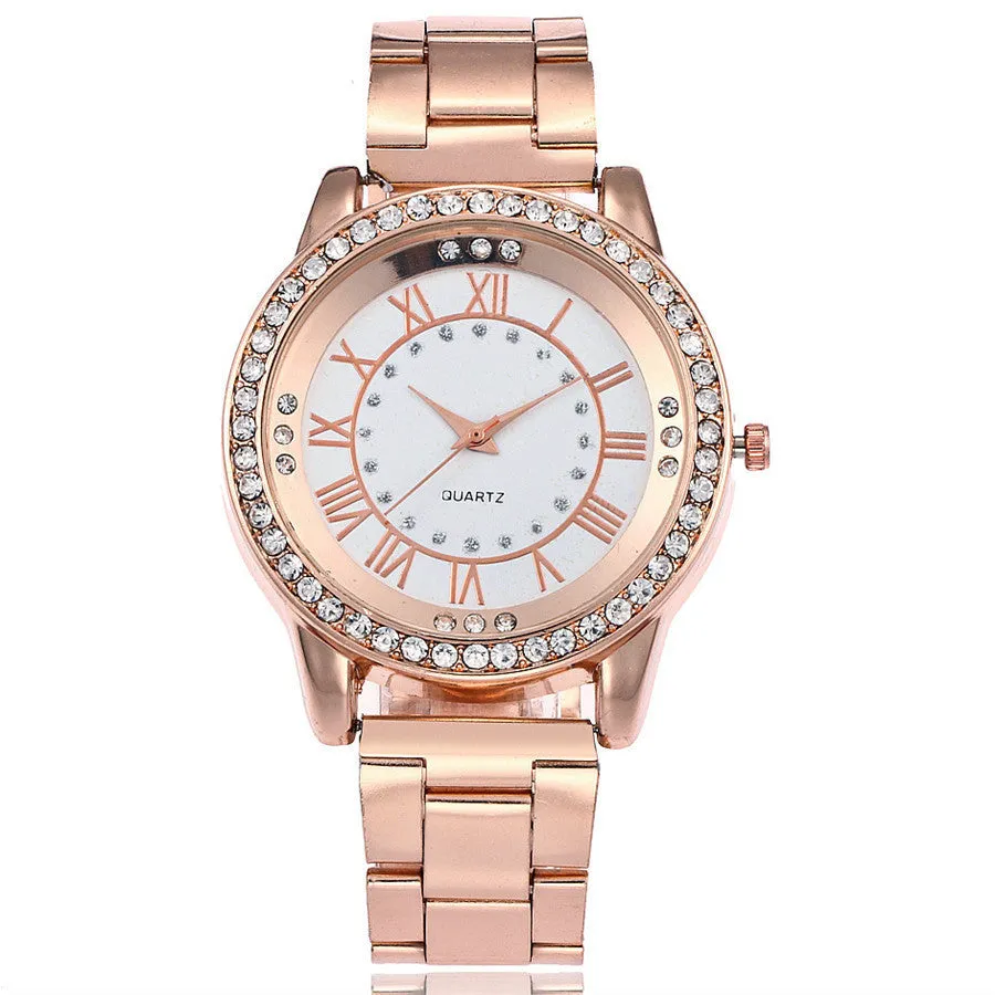 Vansvar women's rose gold quartz wristwatch with round stainless steel case and glass dial