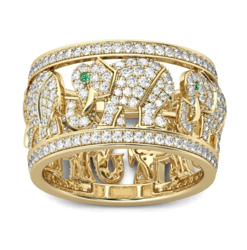 Creative full diamond elephant design fashion ring in electroplated alloy on a hand.