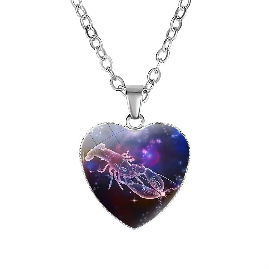 Women's zodiac heart pendant necklace with metal and glass 20mm constellation animal image on 45cm chain