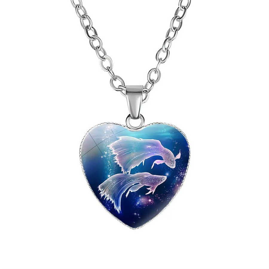 Women's zodiac heart pendant necklace with metal and glass 20mm constellation animal image on 45cm chain