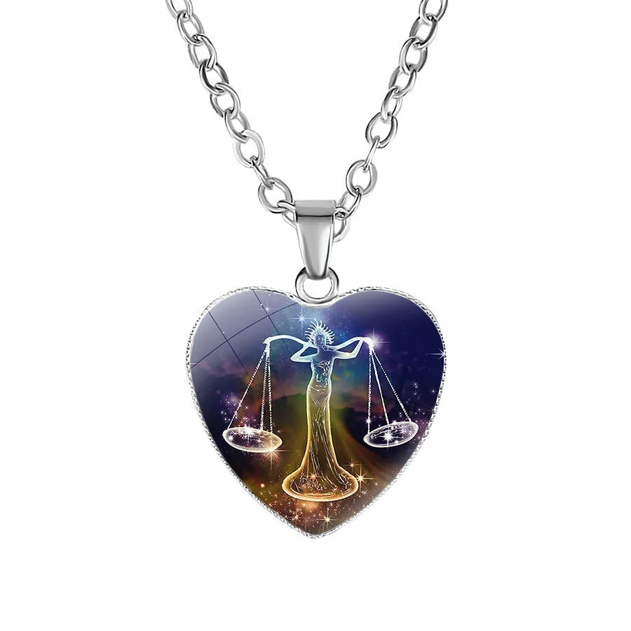 Women's zodiac heart pendant necklace with metal and glass 20mm constellation animal image on 45cm chain