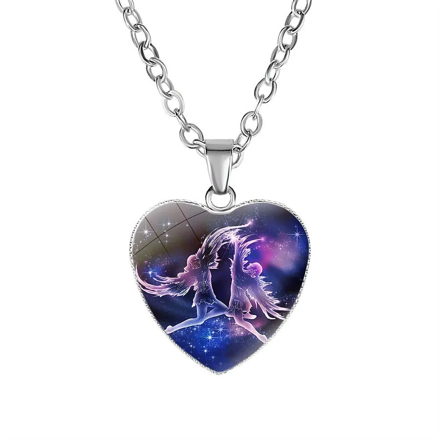 Women's zodiac heart pendant necklace with metal and glass 20mm constellation animal image on 45cm chain