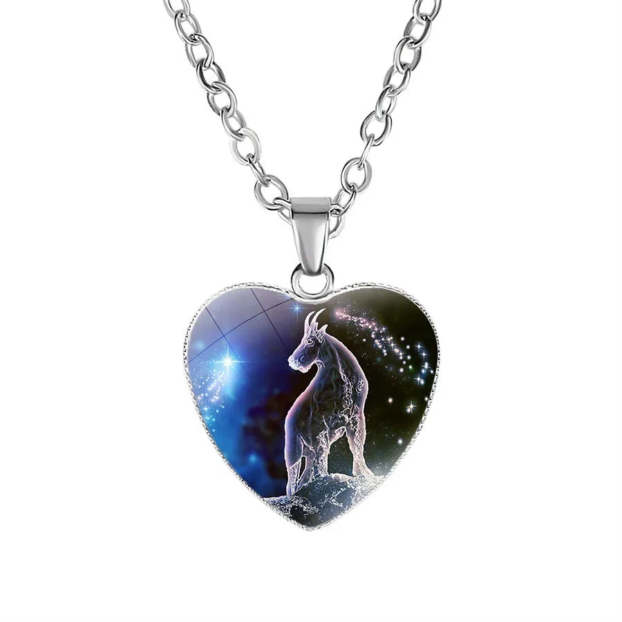 Women's zodiac heart pendant necklace with metal and glass 20mm constellation animal image on 45cm chain
