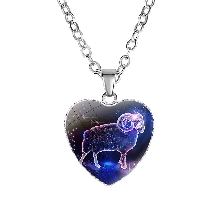 Women's zodiac heart pendant necklace with metal and glass 20mm constellation animal image on 45cm chain
