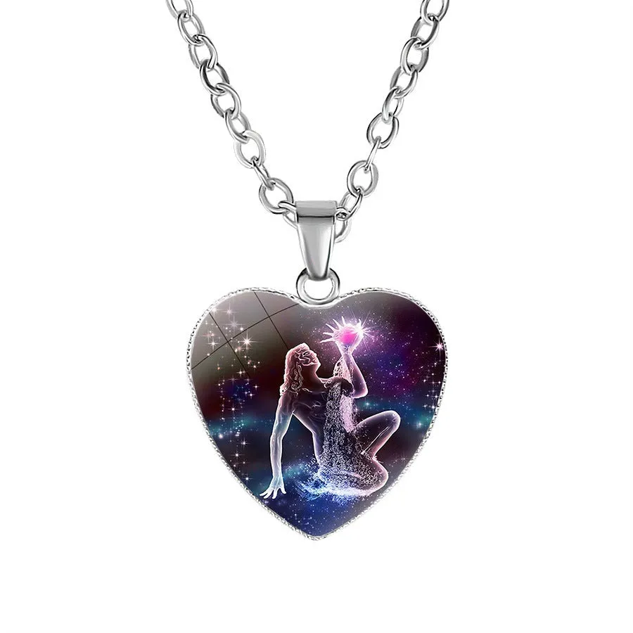 Women's zodiac heart pendant necklace with metal and glass 20mm constellation animal image on 45cm chain