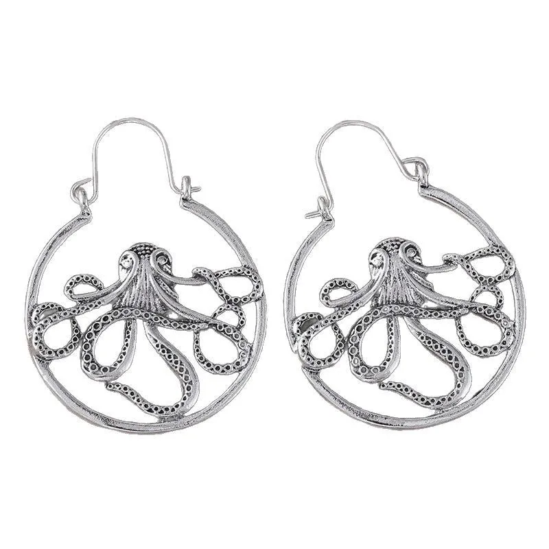Vintage octopus earrings in antique silver zinc alloy with detailed tentacle design