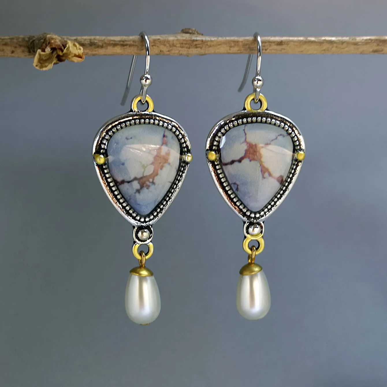 Retro blue geometric drop earrings with synthetic opal and pearl accents on electroplated metal