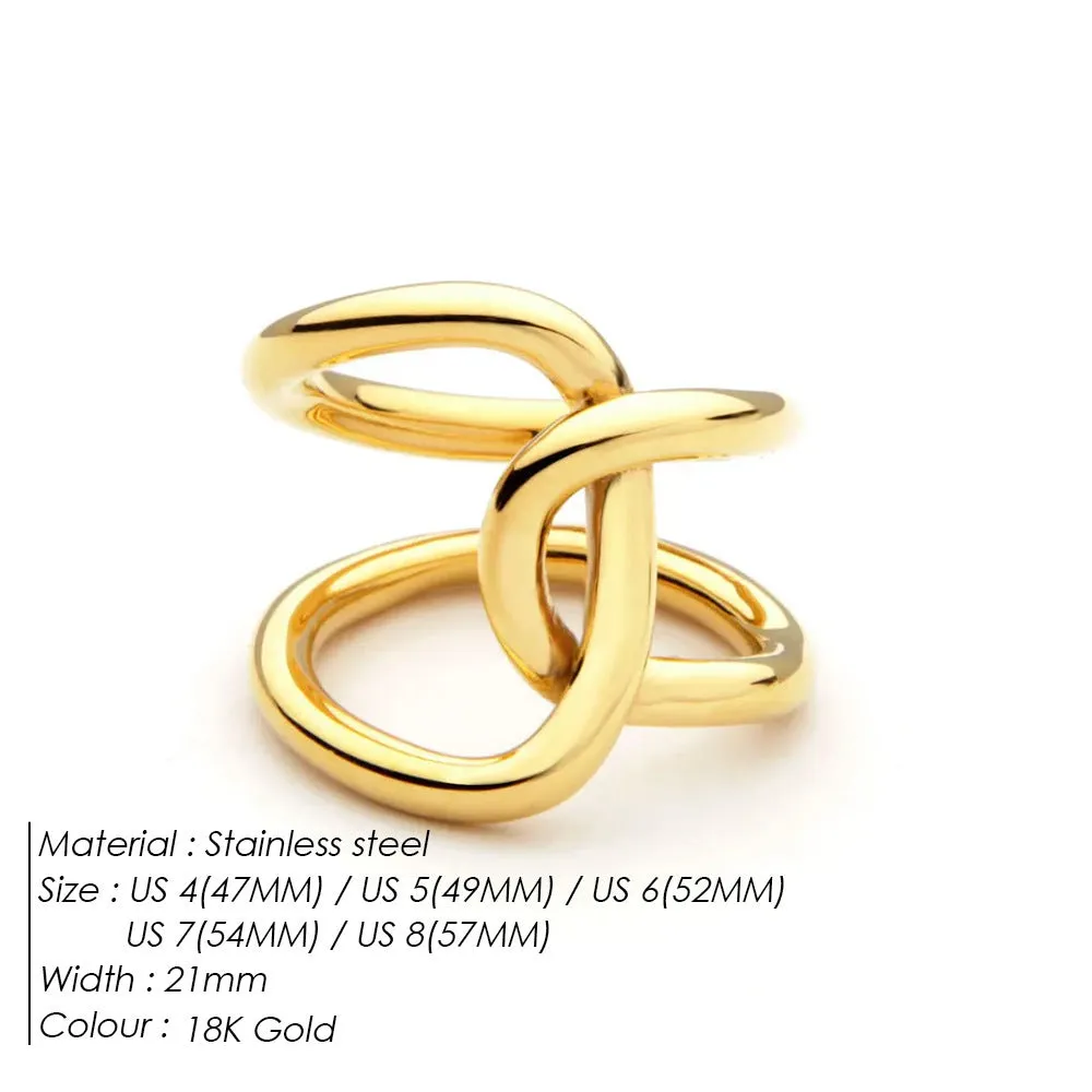 Women's stainless steel adjustable knot ring in geometric U-shape, shown in gold and steel colour finishes.