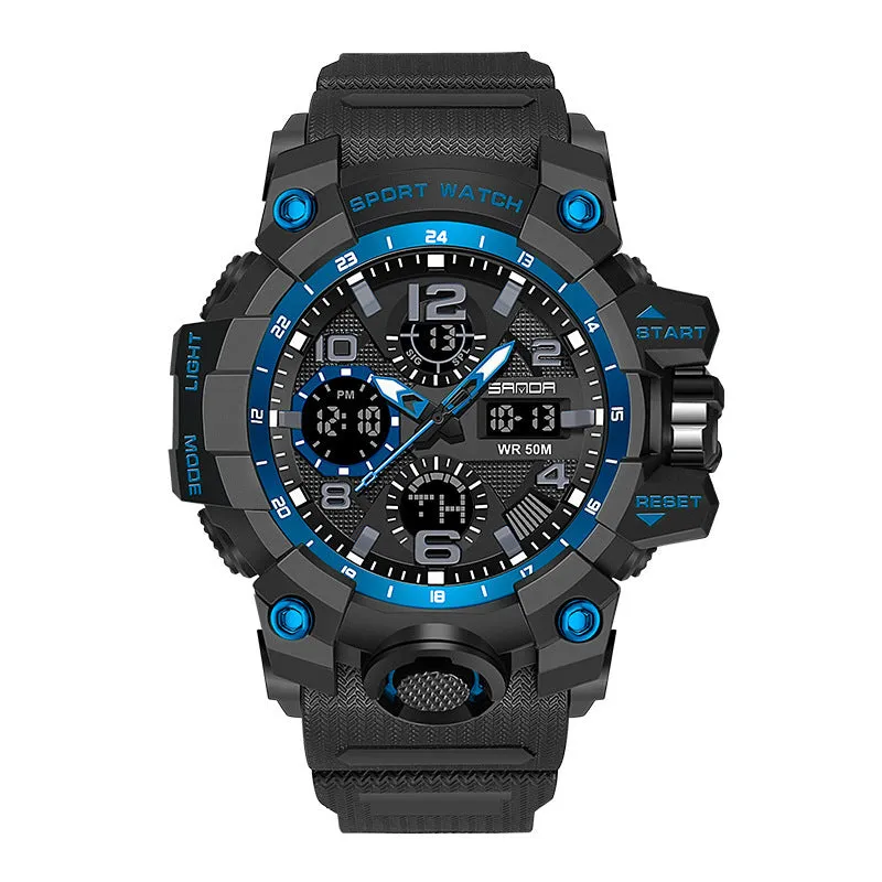 Men dual display quartz sports watch with 56mm dial, pointer and digital readout, black colour option, water resistant to 30 metres