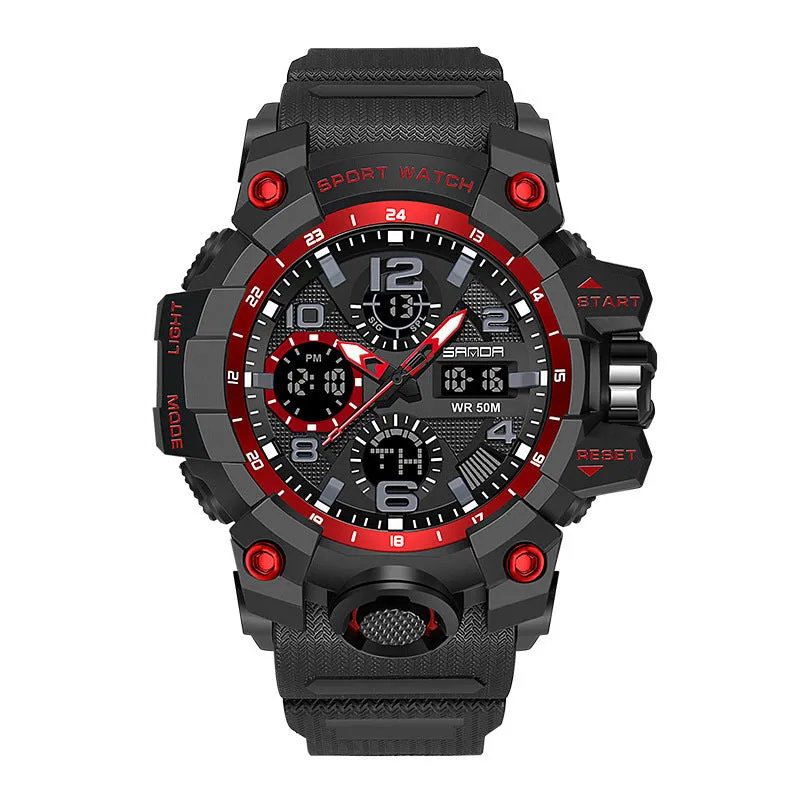 Men dual display quartz sports watch with 56mm dial, pointer and digital readout, black colour option, water resistant to 30 metres