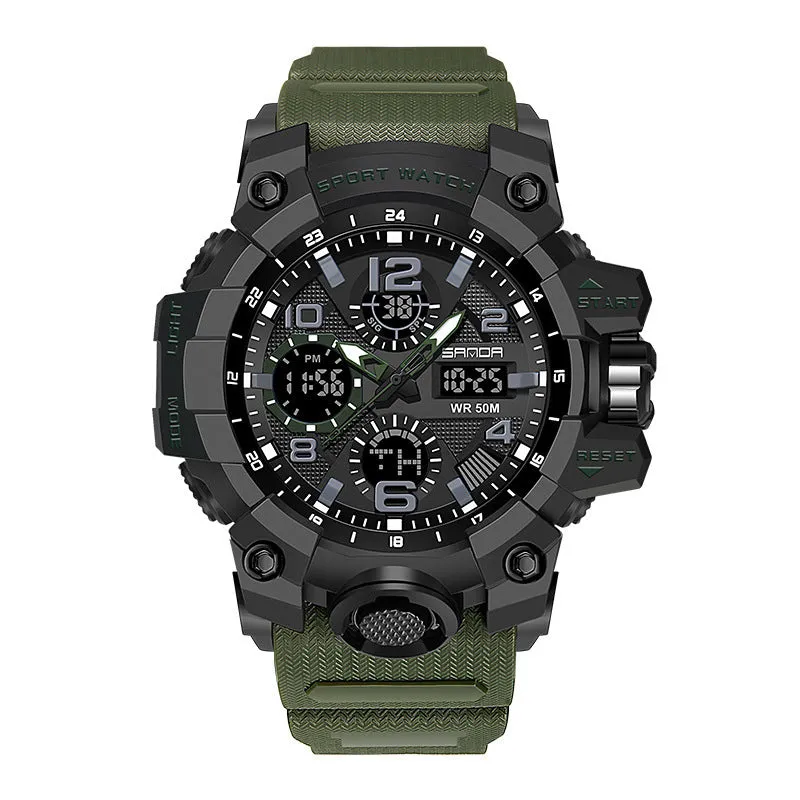 Men dual display quartz sports watch with 56mm dial, pointer and digital readout, black colour option, water resistant to 30 metres