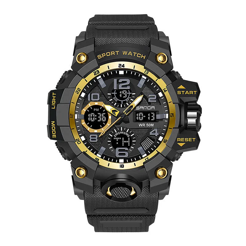Men dual display quartz sports watch with 56mm dial, pointer and digital readout, black colour option, water resistant to 30 metres