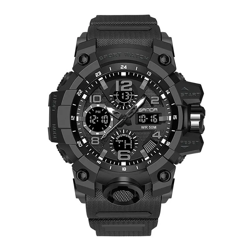 Men dual display quartz sports watch with 56mm dial, pointer and digital readout, black colour option, water resistant to 30 metres
