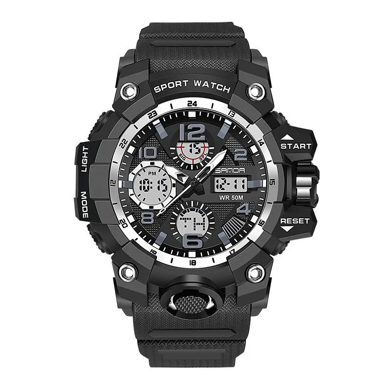 Men dual display quartz sports watch with 56mm dial, pointer and digital readout, black colour option, water resistant to 30 metres