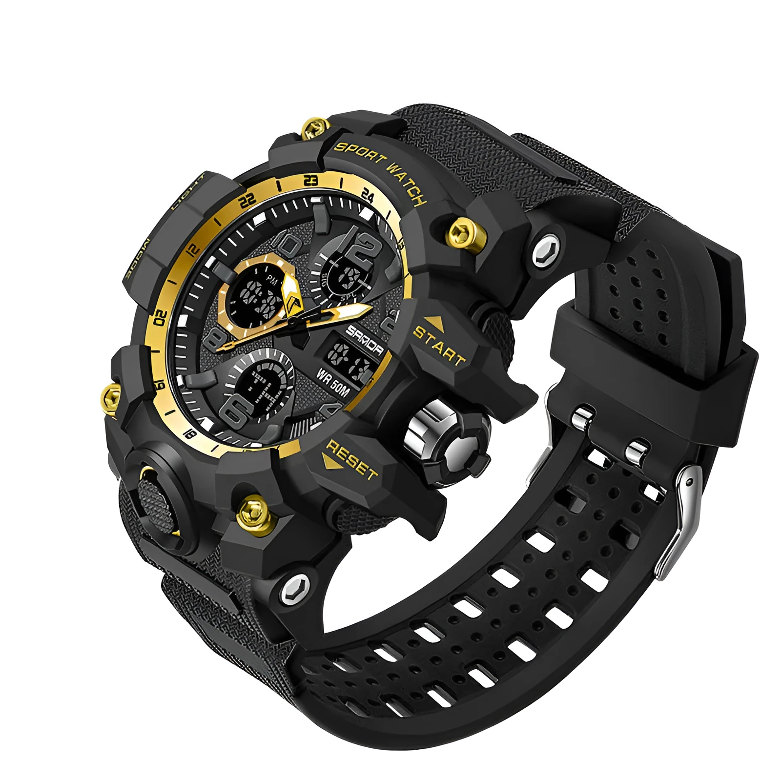 Men dual display quartz sports watch with 56mm dial, pointer and digital readout, black colour option, water resistant to 30 metres