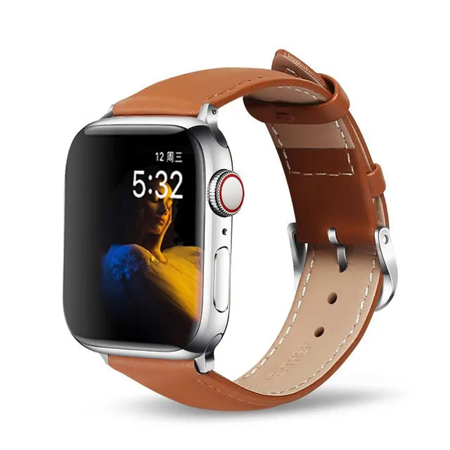 Genuine cow leather Apple Watch strap with metal pin buckle in black, fits 38/40mm and 42/44mm Apple Watch models