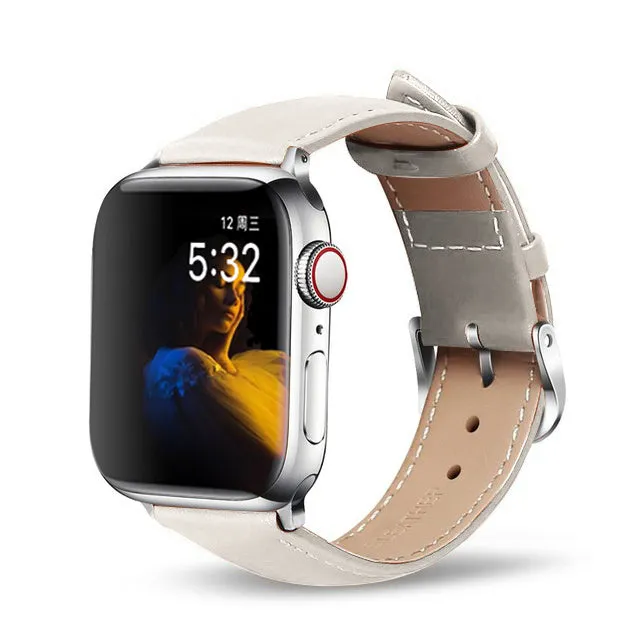 Genuine cow leather Apple Watch strap with metal pin buckle in black, fits 38/40mm and 42/44mm Apple Watch models