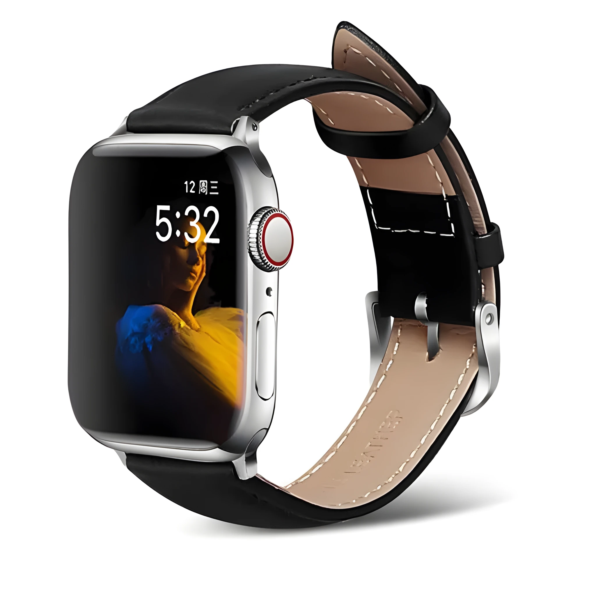 Genuine cow leather Apple Watch strap with metal pin buckle in black, fits 38/40mm and 42/44mm Apple Watch models