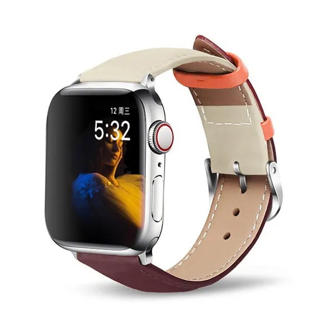 Genuine cow leather Apple Watch strap with metal pin buckle in black, fits 38/40mm and 42/44mm Apple Watch models