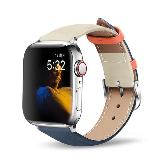 Genuine cow leather Apple Watch strap with metal pin buckle in black, fits 38/40mm and 42/44mm Apple Watch models