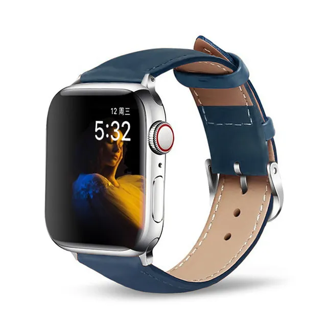 Genuine cow leather Apple Watch strap with metal pin buckle in black, fits 38/40mm and 42/44mm Apple Watch models