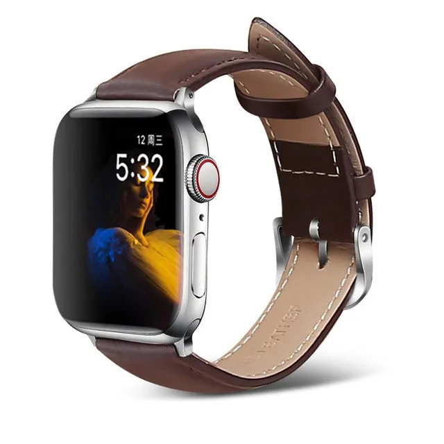 Genuine cow leather Apple Watch strap with metal pin buckle in black, fits 38/40mm and 42/44mm Apple Watch models