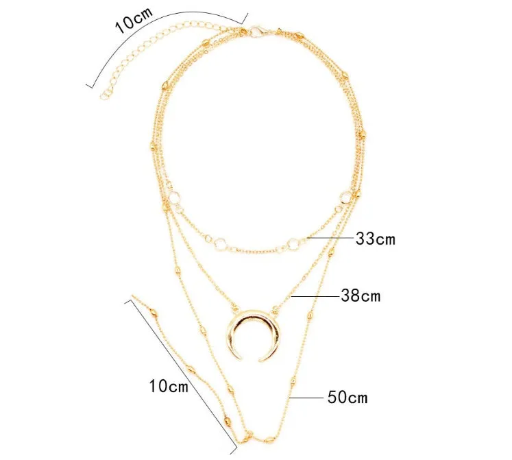 Fashion multilayer crescent moon choker necklace with bead chain initial pendant in gold finish