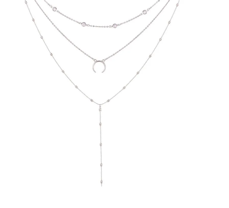 Fashion multilayer crescent moon choker necklace with bead chain initial pendant in gold finish